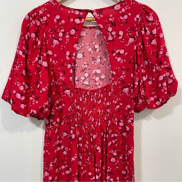 Old Navy Cut Out Back Floral Summer Red Puff Sleeves Crew Neck Midi Dress Size M - Picture 6 of 10